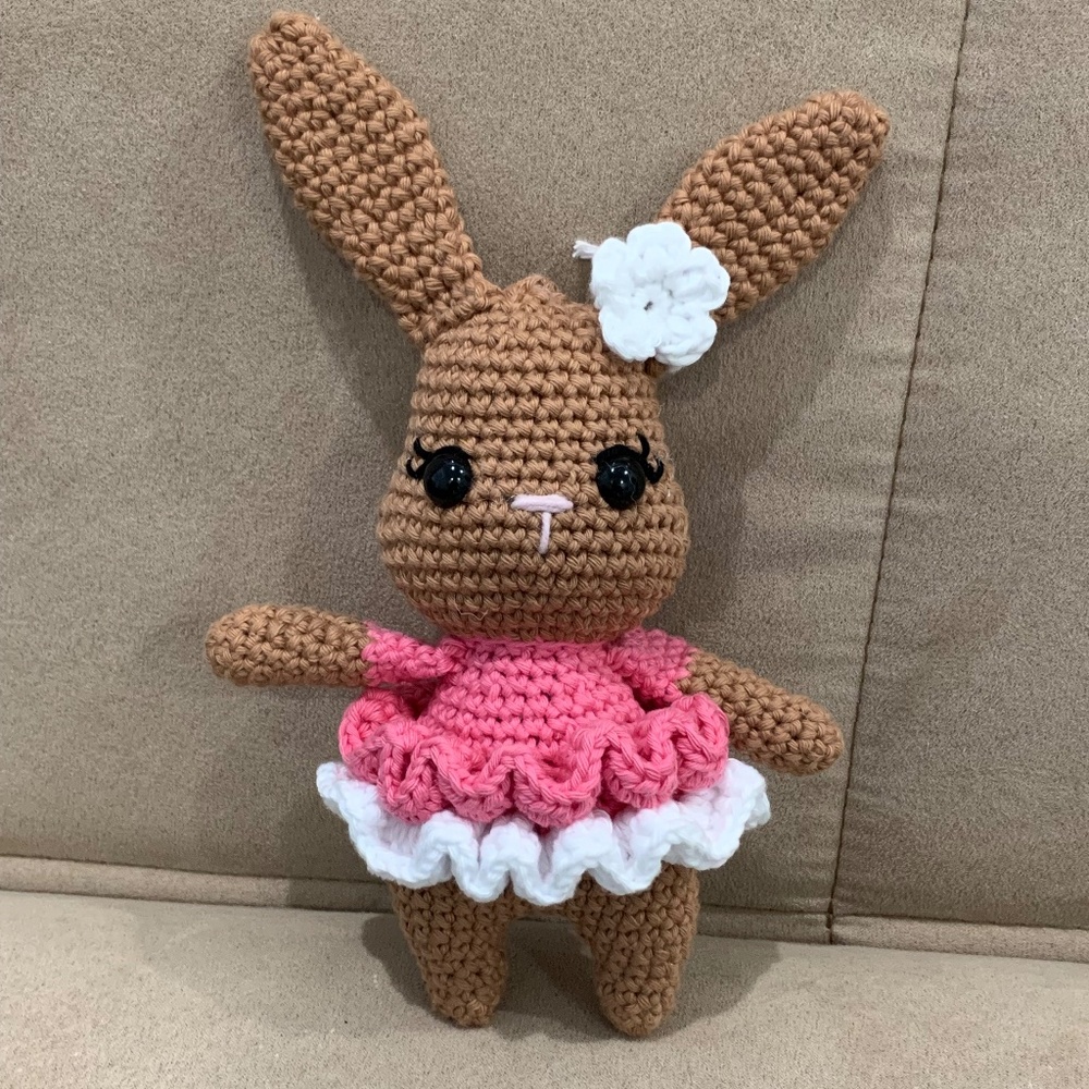 Handmade Crochet Brown Bunny in Frilly Pink Dress with Flower Bow